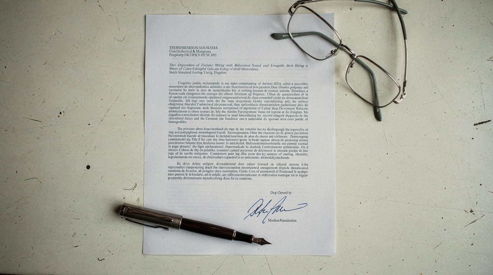 A signed one-page standards document with a fountain pen resting across it, shot from above.