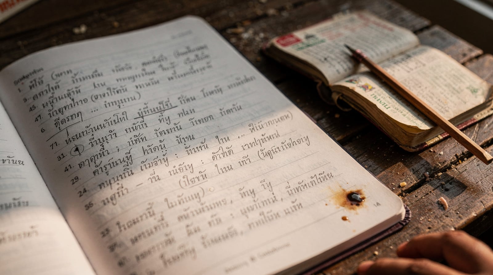 An open notebook of handwritten bilingual Thai-English terms beside a worn pocket dictionary in window light.