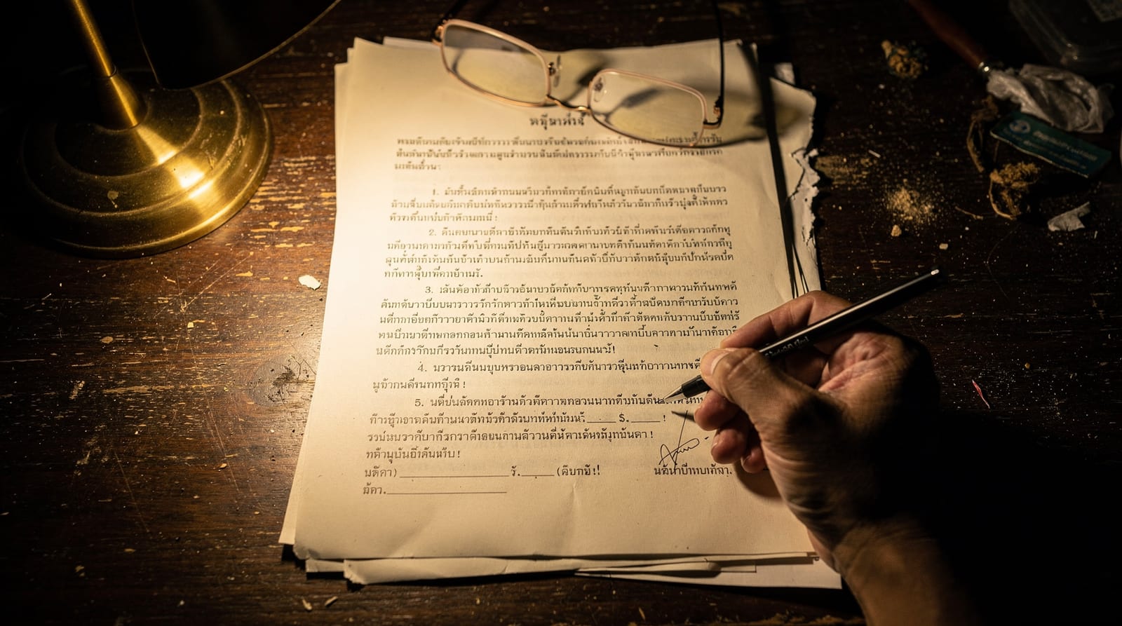 An official Thai labour regulation on a desk under a lamp, a hand annotating the margin.