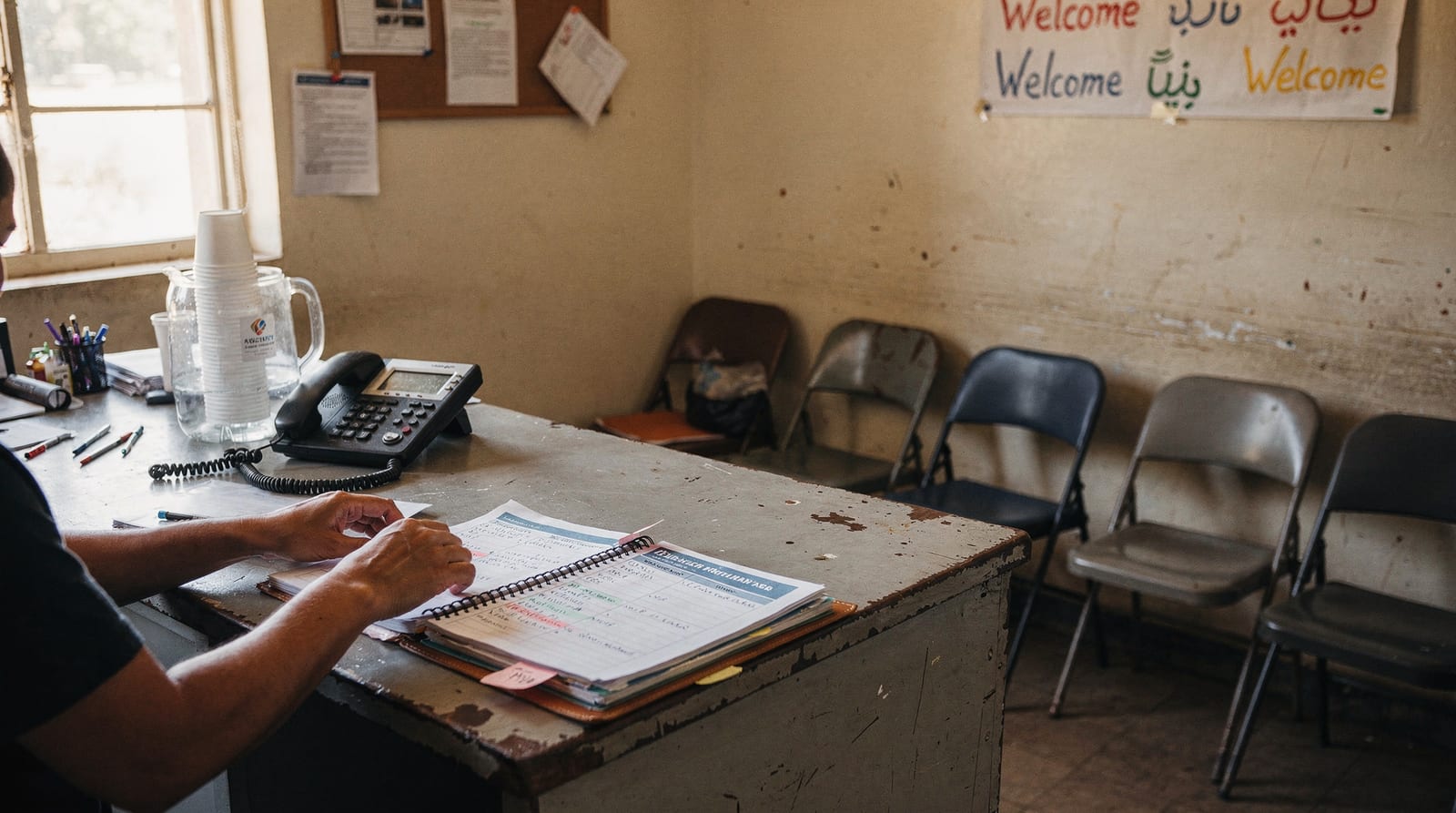 A modest community help-centre reception desk with a telephone, a contacts directory and chairs.