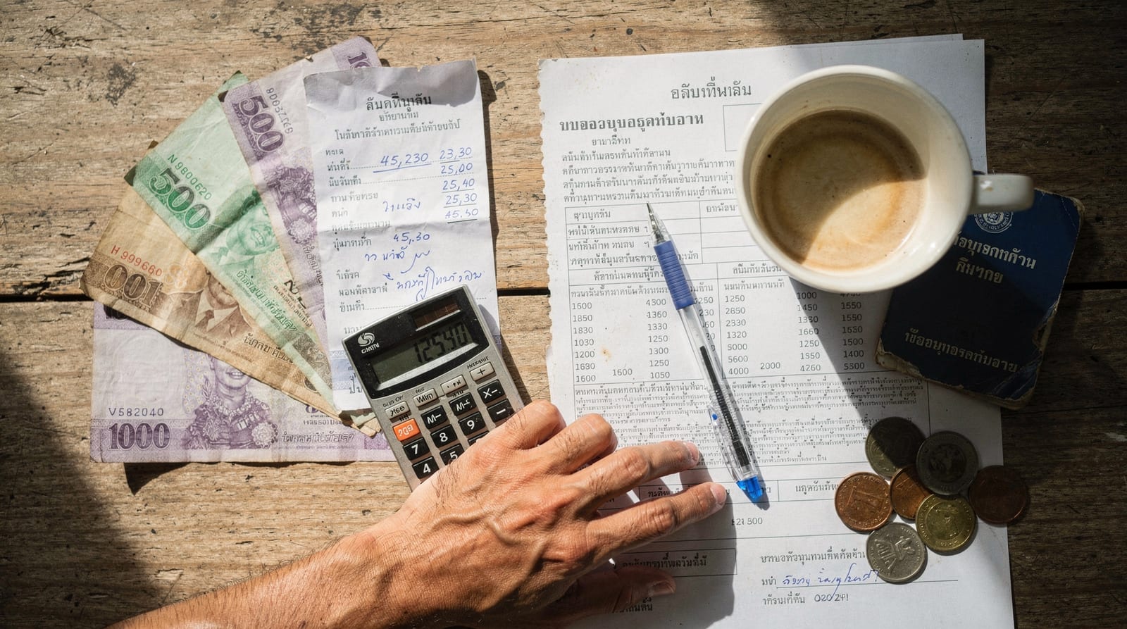 An overhead view of Thai baht banknotes, a calculator, a payslip and a work-permit booklet, the true cost of hiring.
