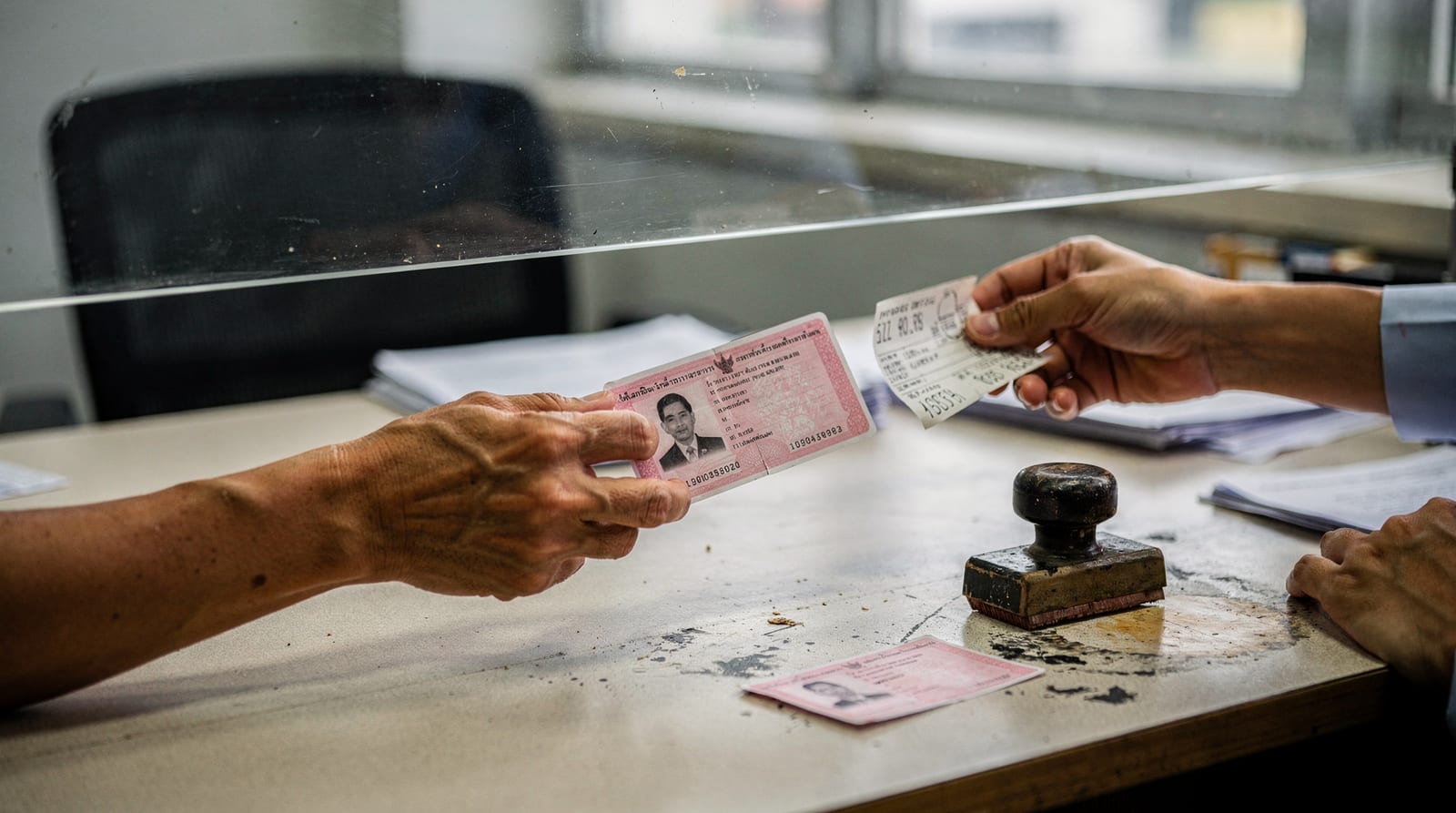 Hands exchanging a passport, a pink migrant-worker card and a receipt across a Thai One-Stop Service counter.