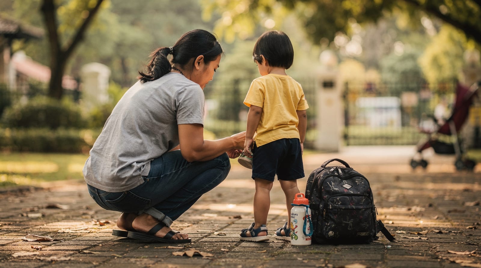 A nanny crouches with her back to the camera to fasten a small child's shoe at a leafy Bangkok park gate in golden afternoon light; neither face is visible.