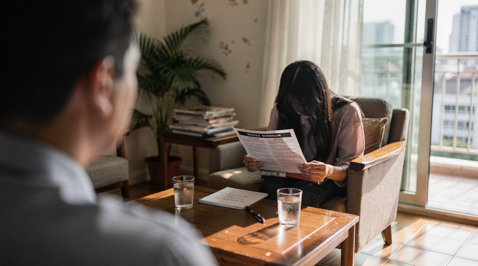 A foreign employer, seen from behind, interviews a domestic-worker candidate across a low table in a Bangkok condo while she reads a reference sheet.