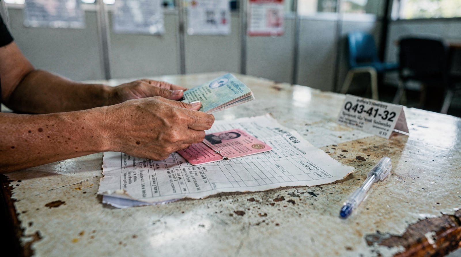 A migrant worker's hands hold an open passport and identity documents over a counter at a Thai provincial employment office.