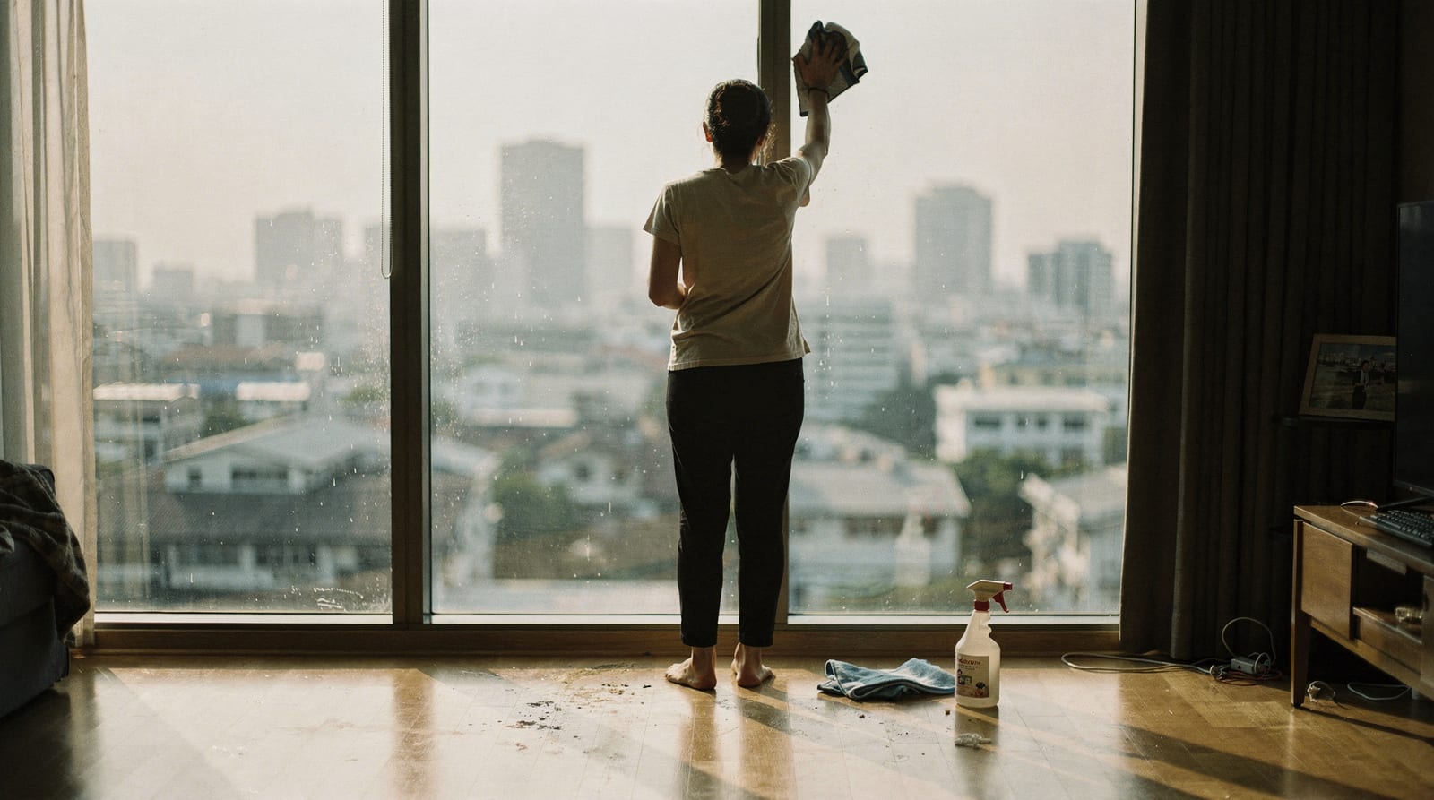 A domestic worker, seen from behind, wipes a floor-to-ceiling window in a Bangkok high-rise condominium with the hazy city skyline beyond.