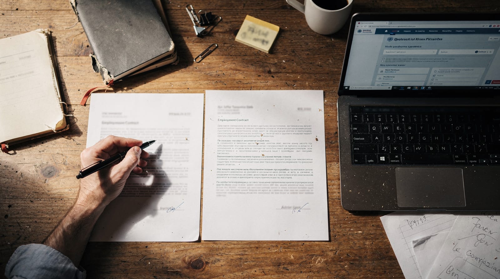 A hand annotating a printed document with a pen on a wooden desk, an open laptop showing a web page beside it.