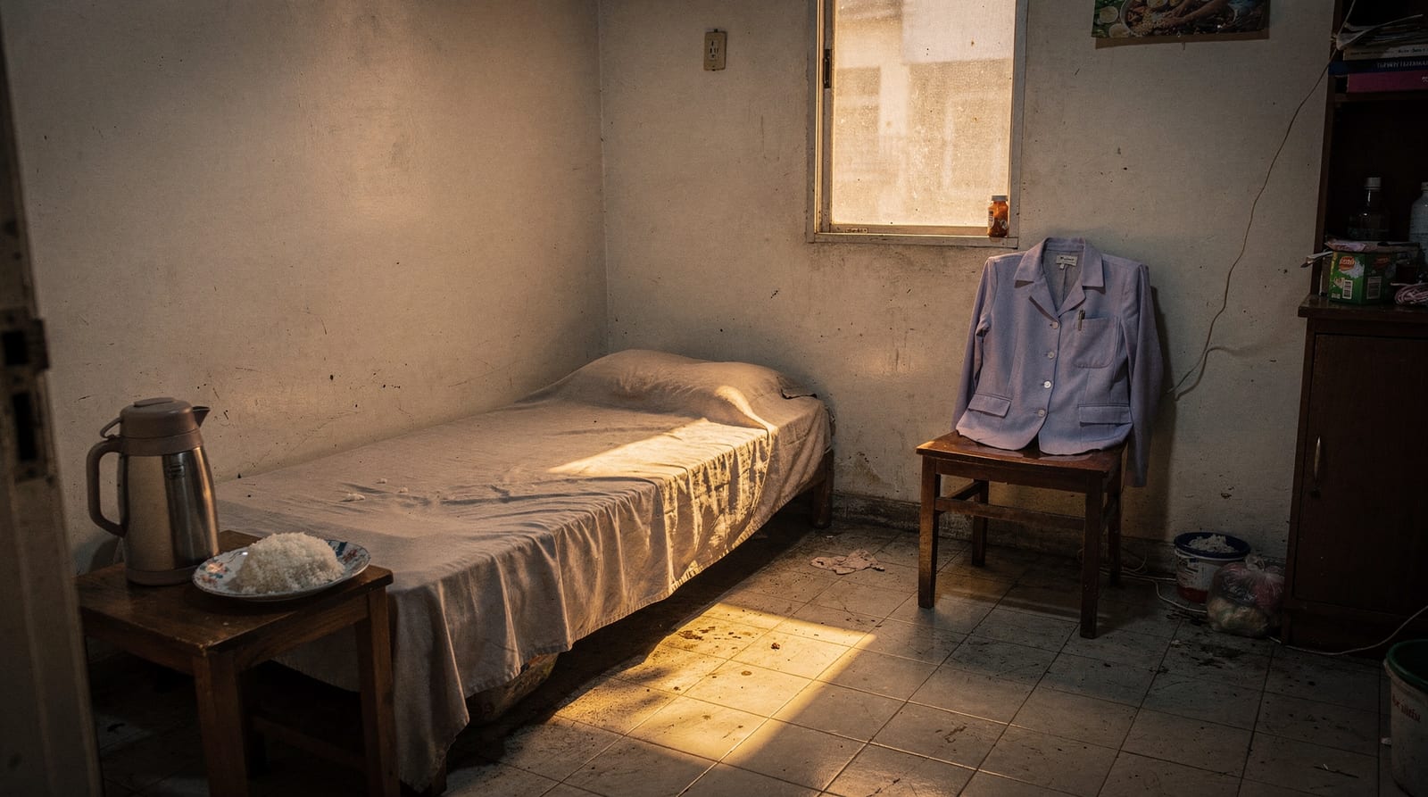 A modest live-in domestic worker's room with a neatly made single bed, a thermos and covered plate of food, and a folded uniform on a chair in warm afternoon light.