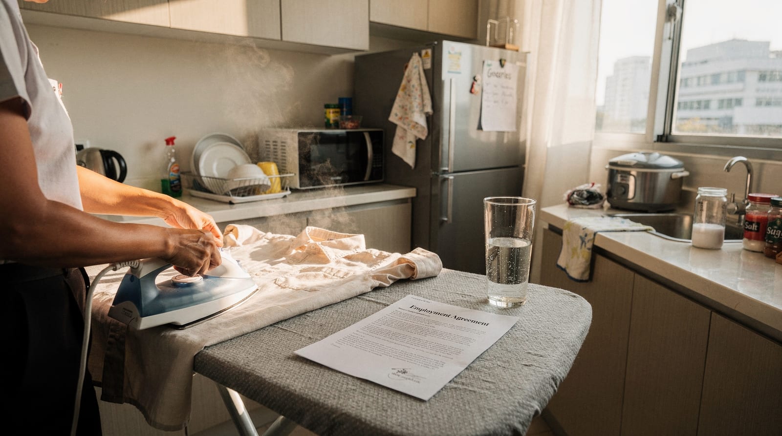 A live-in domestic worker, seen only as hands and a forearm, irons a shirt in a Bangkok condo kitchen beside a printed employment agreement on the counter.