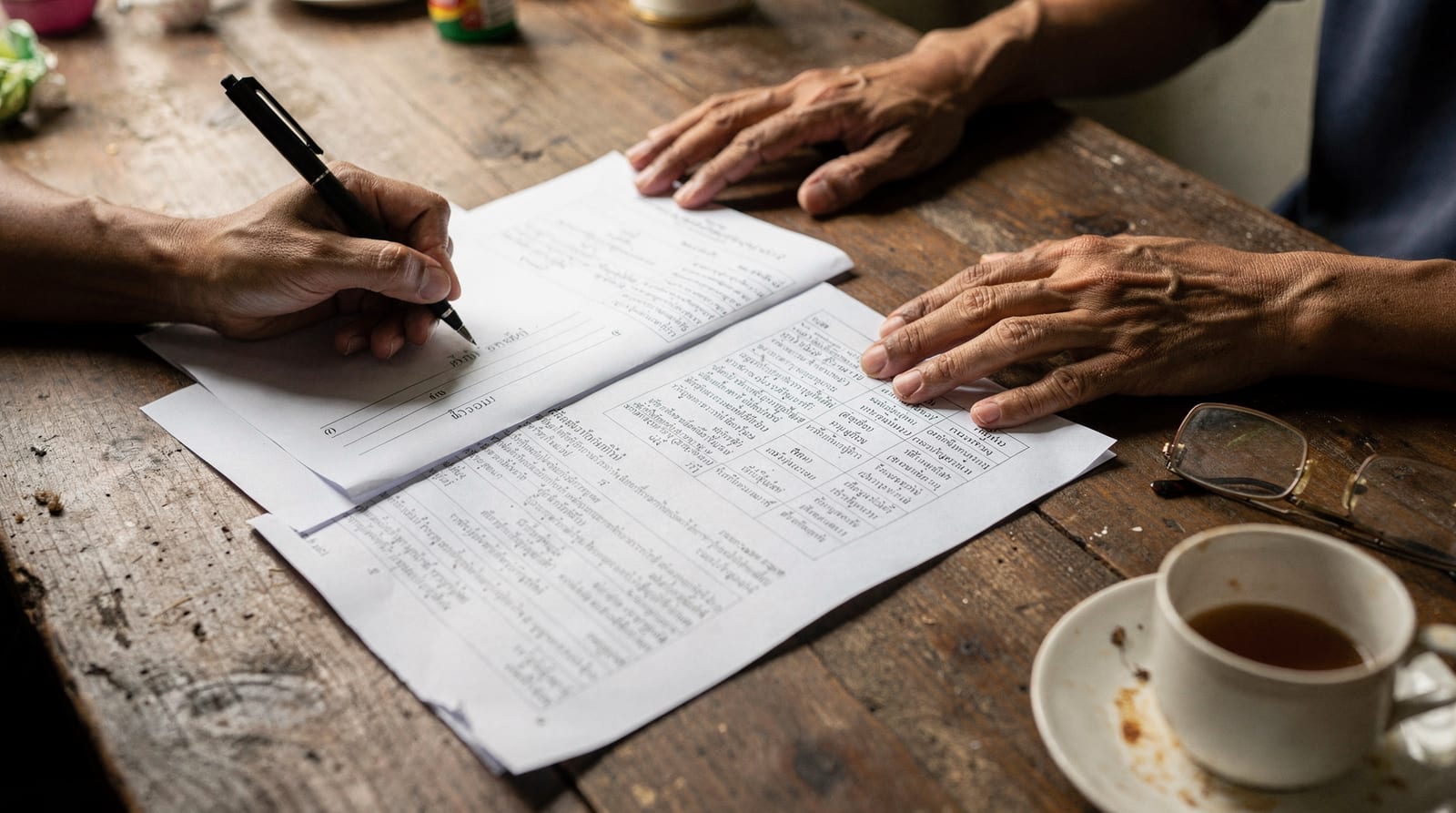 Two pairs of hands across a wooden table over a two-page employment agreement, one holding a pen mid-signature, with a teacup and reading glasses nearby.