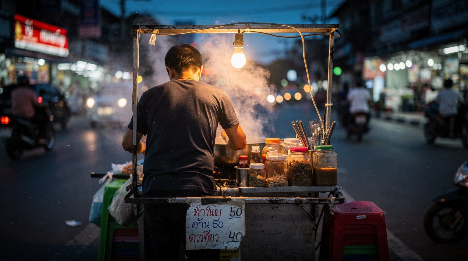 A Bangkok street-food vendor works at a cart under a bare bulb at dusk, seen entirely from behind, steam rising over jars of condiments.