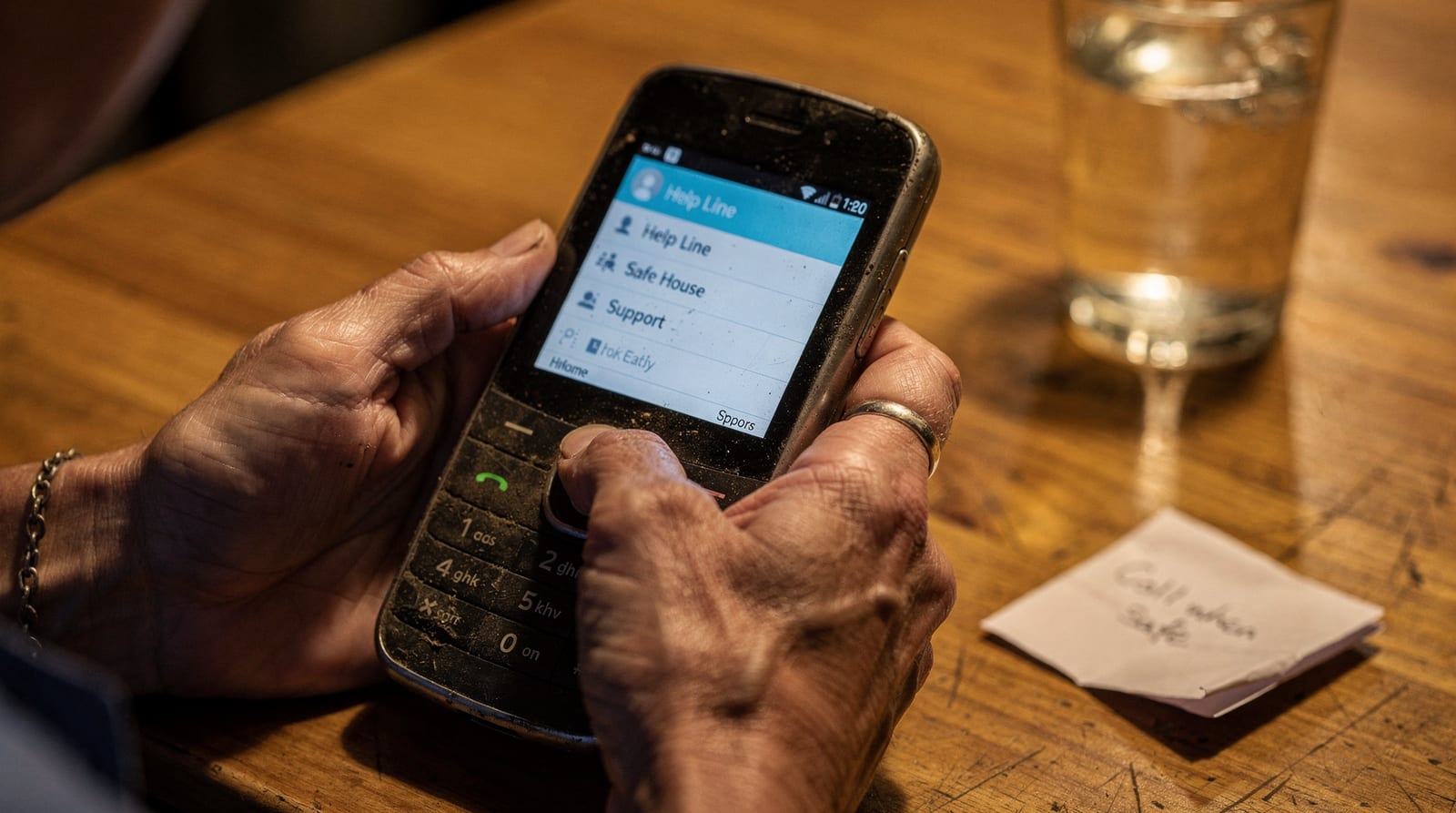 A worker's hands dialling a phone whose screen shows a help line for a domestic-worker safe house and support service.
